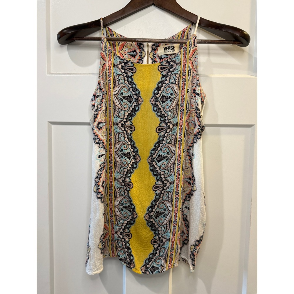 Verse Paisley Medallion Halter Tank Top Yellow White Boho Sleeveless Blouse M
